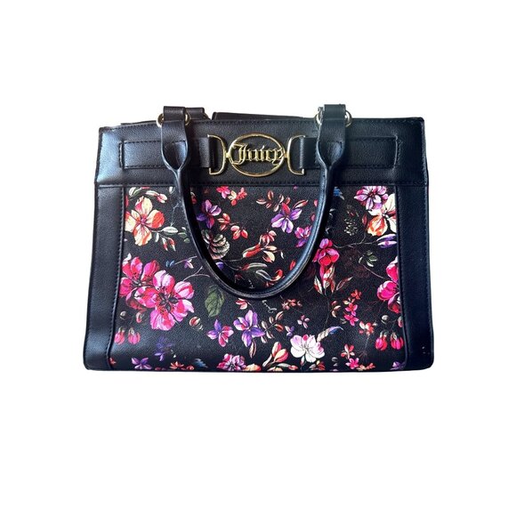 Juicy Couture Handbags - Juicy Couture Medallion Floral Satchel Tote Black Multi Color Purse Gold Logo